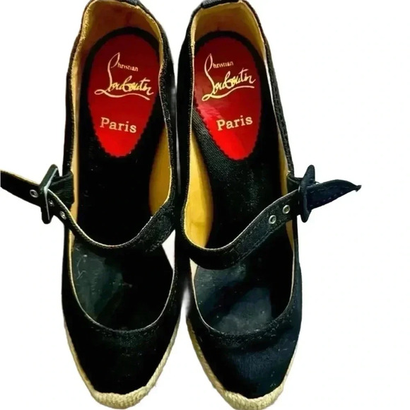 CHRISTIAN LOUBOUTIN Mallorca Canvas Espadrille Wedges 38 8 Black Mary-Jane - Picture 2 of 5